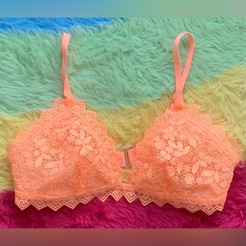 NWT, Aerie, Neon Orange, Lightly Lined, Unpadded, Lace Bralette, Size Large